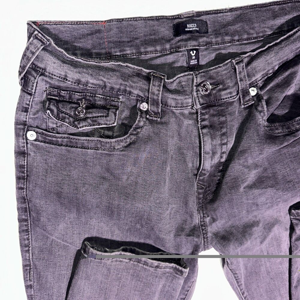 True Religion Rocco Jeans Men's W36 Relaxed Skinny Washed Coal Grey Denim flap